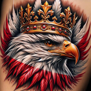 Eagle head in profile with gold crown and red-black feather plume, full-color tattoo on skin; a realistic design, project; not ideal for cover-up.
