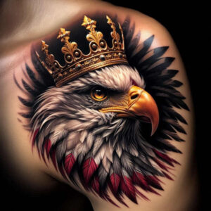 Eagle head with a gold crown in black-and-grey shading; tattoo design idea; cover-up suitable.