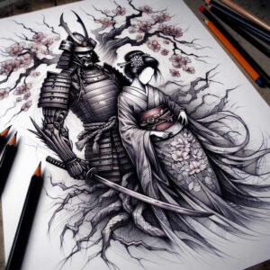 Black and grey tattoo project featuring samurai, geisha, katana, kimono, cherry blossoms, and branch; cover-up ready.