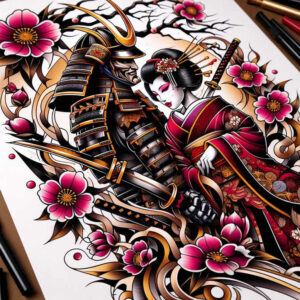 Colorful tattoo design with a samurai in black-and-gold armor beside a geisha in a red kimono, surrounded by pink cherry blossoms in full color; concept artwork for a tattoo project, not a cover-up.