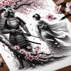Samurai and geisha in black and grey with pink sakura blossoms on a branch; tattoo project idea; suitable for cover-up.