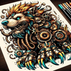 Wolf tattoo design in full color with gears, cogs, tubes, and claws; AI-generated tattoo project; pattern elements; not ideal for cover-up.