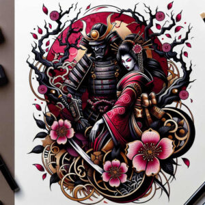 Colorful tattoo: samurai, geisha, katana, sakura blossoms, branches, and ornate scrollwork; AI-generated tattoo project; excellent for cover-up.