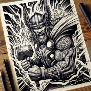 Black and grey Thor-inspired tattoo design concept featuring Mjolnir hammer and jagged lightning bolts; a dark project ready for cover-up.