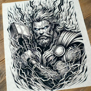 Black and grey Thor-inspired tattoo design showing a muscular warrior gripping Mjolnir, with cloak and armor, surrounded by crackling lightning; a project concept suitable for cover-up.