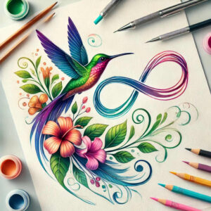 Hummingbird, flowers, infinity symbol, and leaves in rainbow colors; color tattoo design concept; not a cover-up.