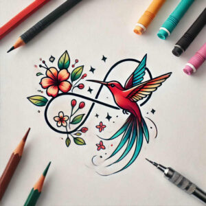 Hummingbird in red and teal with colorful flowers and green leaves around an infinity symbol, stars, and decorative pattern; color tattoo design concept; not a cover-up.
