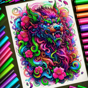 Colorful lion and flower tattoo design in full color; AI-generated tattoo project; suitable for a cover-up; features bold pattern.