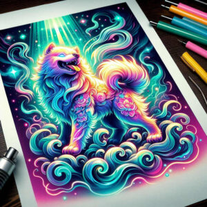 Dog illustration on white paper with multicolor neon fur and swirling patterns; markers and a spray bottle nearby; colorful tattoo design concept; not ideal for cover-up.
