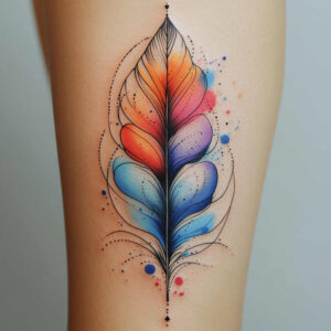 Feather in blue, red, orange, and purple watercolor tones with black fine lines; color tattoo project; not ideal for cover-up.
