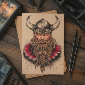 Viking helmet portrait with braided beard in black and grey on brown paper; color accents in red around the collar; project concept; not specifically cover-up-ready.