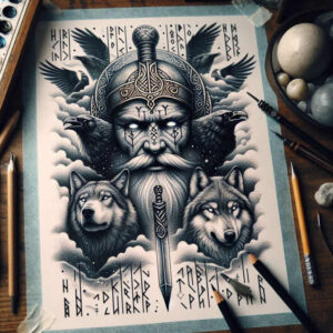 Black and grey Odin-inspired tattoo on upper back featuring a central Odin head with horned helmet and two ravens, framed by Norse runes; AI-generated concept; cover-up suitable.