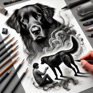 Black and grey drawing of a dog head, horse silhouette, and seated person on a white paper sheet, surrounded by pencil, eraser, and pen; AI-generated tattoo project; cover-up ready.