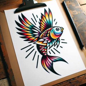 Koi fish in rainbow colors on white paper clipped to a clipboard on a wooden table, with a black pen nearby; colored tattoo project idea; not ideal for cover-up.