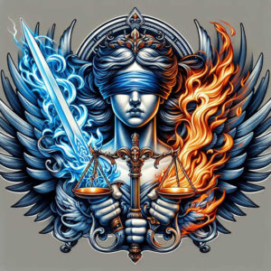 Goddess Themis in color, blue icy wings on the left and orange fiery wings on the right, blindfolded and crowned, holding sword and scales; color concept design.