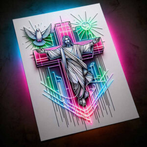 Color tattoo concept featuring a white dove and crucifix, set against neon geometric shapes; this is a project/idea for a Holy Spirit-inspired design, not a finished piece.
