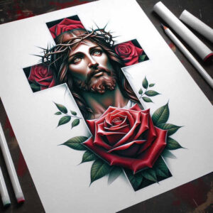 Jesus portrait with crown of thorns, red rose frame, and green leaves in color; project concept; cover-up suitability: not ideal.
