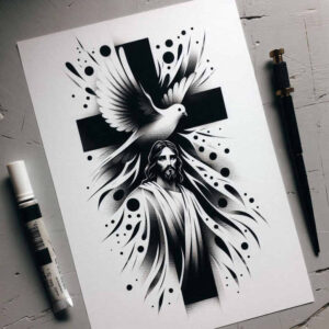 Cross with a soaring dove, bold black and grey shading, graphic pattern accents; AI-generated tattoo project, suitable for cover-up.