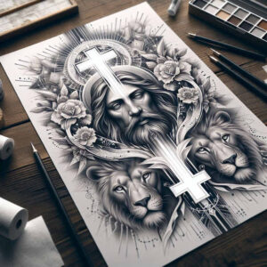 Odin-inspired grayscale tattoo design concept on paper, showing a bearded figure with helmet, flanked by wolves and floral ornaments; black and grey; concept art; cover-up suitable.