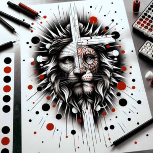 Lion head tattoo design in black and grey, split face with bold lines and red splatters; visible palette and brush; AI-generated tattoo project; pattern-ready cover-up.