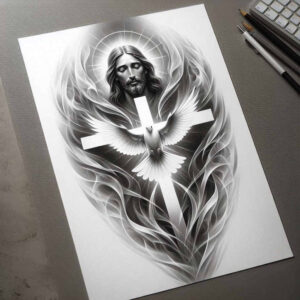 Cross with Jesus figure in black and grey, surrounded by flames and radiant rays; project idea; suitable for cover-up.
