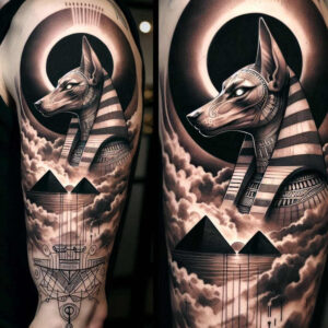 Forearm tattoo in black and grey featuring jackal head wearing a striped nemes headdress, pyramids, and desert landscape; project idea; cover-up suitable.