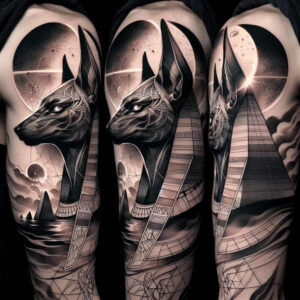 Three black-and-grey Anubis heads arranged in a triptych with pyramids and a moon, concept artwork perfect for cover-up.