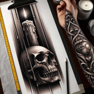 Skull with dripping candle wax in black and grey; tape measure and pencil beside a forearm sleeve tattoo pattern; AI-generated project; cover-up-ready.