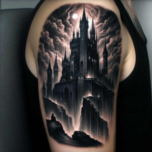 Castle at night in black and grey, gothic fortress on jagged cliffs under cloudy sky; tattoo project, suitable for cover-up.