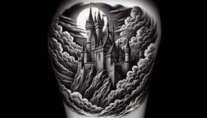 Castle perched on a jagged rock beneath a full moon with swirling clouds, rendered in black and grey; AI-generated tattoo project, suitable for a cover-up.