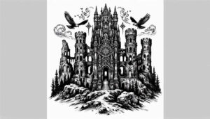 Castle fortress, towers, raven, cloud, pine, and a rocky path in black and grey; AI-generated tattoo project, suitable for a cover-up.