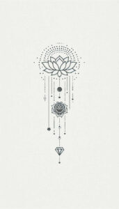 Lotus flower, circular dotted halo, hanging lines with beads, small flower along a strand, and a diamond pendant; black ink on white; project concept; not ideal for cover-up.