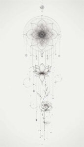 Mandala, lotus, rose, stem, leaf, dot, line; black and grey; project; not for cover-up.