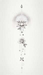 Black and grey tattoo project: lotus above a rose with leaves, dotted halo, and hanging geometric shapes on a slender vertical line; not a cover-up.