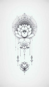 Lotus, circle, diamond, and dot elements in black and grey linework; tattoo design idea for a geometric, pattern-rich project.