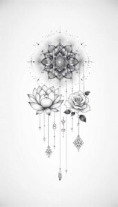 Black and grey tattoo design featuring a central mandala, lotus, and rose, with hanging geometric pendants and diamonds; AI-generated tattoo project; not suitable for cover-up.