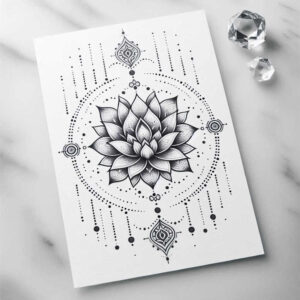 Lotus with layered petals, mandala motifs, and hanging dots in black and grey; AI-generated tattoo project.