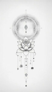 Lotus, mandala circle, bead, clover and diamond motif in black and grey; AI-generated tattoo project idea; not ideal for cover-up.