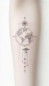 Black and grey tattoo project on forearm showing a world globe inside a dotted geometric frame, a small flower above the globe, and hanging diamond pendants; suitable for cover-up: no