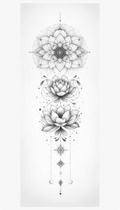 Three lotus flowers in black and grey fine-line tattoo style with dots and geometric pendants; AI-generated tattoo project; not a cover-up.