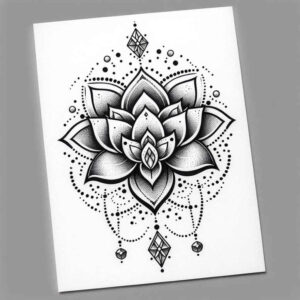 Lotus, diamond shapes, pendant, bead, and string in black and grey; tattoo project.