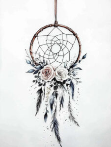 Dreamcatcher with woven web, brown hoop, pink and white roses, blue-grey leaves, and long feathers; color tattoo design concept, suitable as a cover-up.
