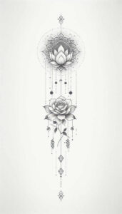 Lotus, rose, stem, leaf, bead, and diamond in black and grey; fine-line dotwork tattoo design concept; project idea; not ideal for cover-up.
