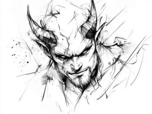 Demon head, horns, beard, black and grey linework; AI-generated tattoo project, cover-up suitable.