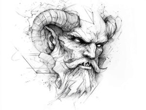 Dark black and grey line drawing of a demon head with ram horns, beard, and mustache; tattoo project; suitable for cover-up.