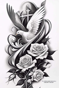 Dove, roses, cross and swirling vines in black and grey shading; a tattoo project idea, suitable for cover-up.
