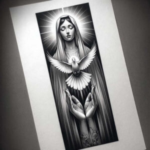 Nun in black and grey with halo rays, dove in flight, hand and flower tattoo elements; tattoo project, cover-up suitable.