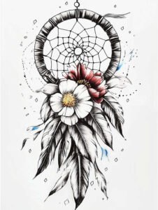 Dreamcatcher with web, white daisy-like flower, red flower, leaves, feathers; black and grey ink with blue accents; tattoo design idea; suitable for a cover-up.