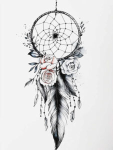 Dreamcatcher with roses, beads, and feathers in black and grey with pink accents; a project; suitable for cover-up.