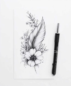 Feather, flower, paper, and pen sketch in black ink; black and grey tattoo design idea; not suitable for cover-up.
